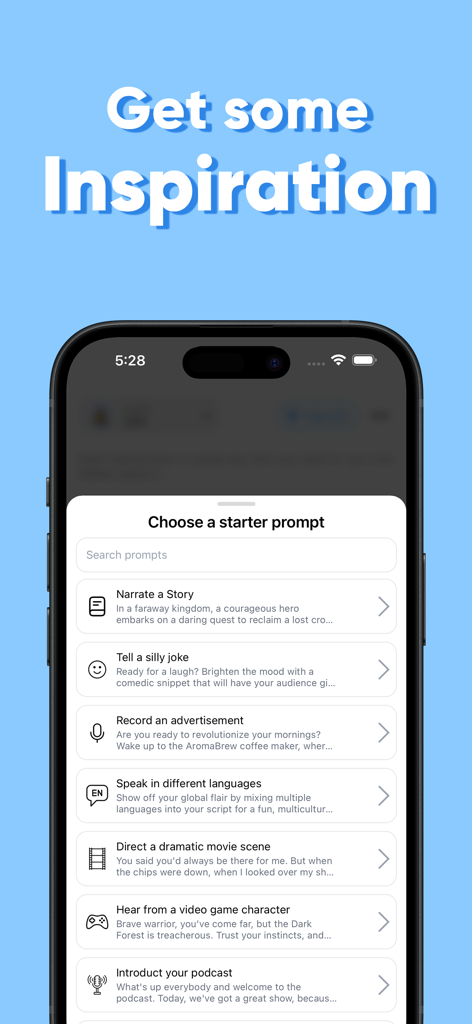 Voice AI - Labs AI Voices - Interfaz de la aplicación Voice AI mostrando indicaciones de inicio para generar voces de IA para historias, anuncios y podcasts.