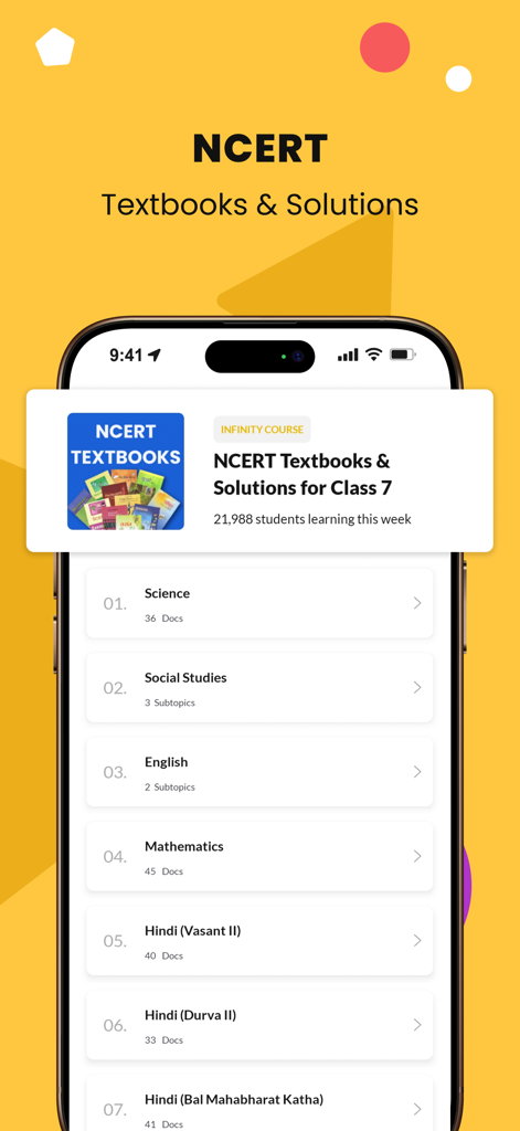 Class 7 CBSE NCERT & Maths App - A list of subjects in the Class 7 NCERT study app including Science and Mathematics