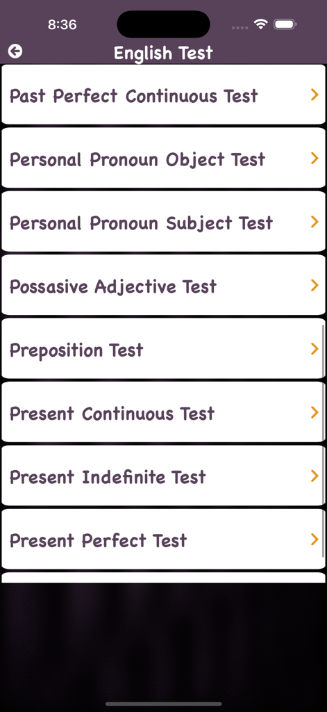 English Bolna Sikhe Test Quiz - 時制、前置詞、代名詞を含む英文法練習テストのメニュー