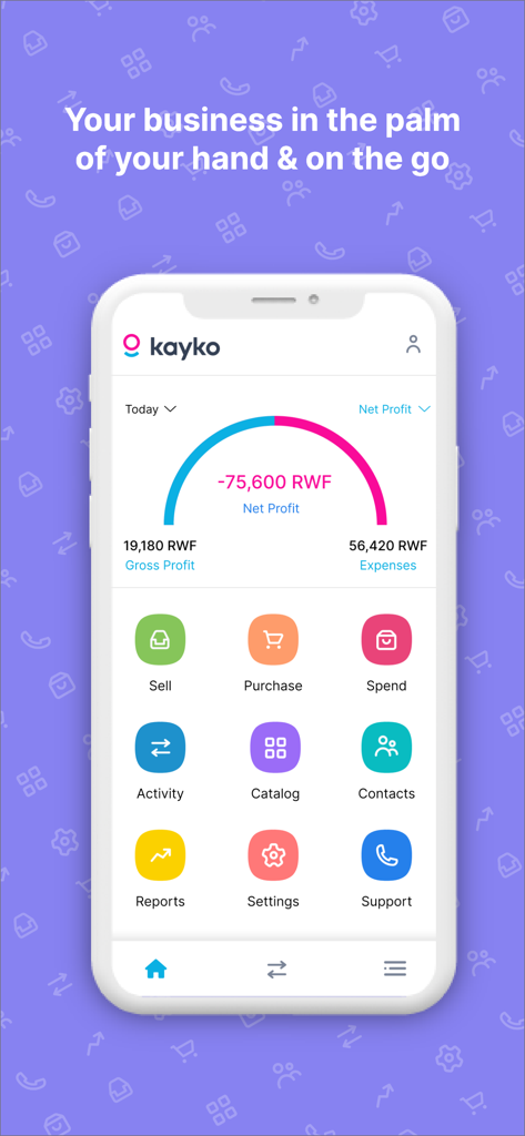 Kayko mobile app dashboard showing financial overview and business management tools