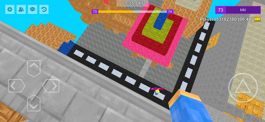 Parkour Craft:Online PvP Games - First person perspective of a 3D blocky parkour race with a timer and player leaderboard
