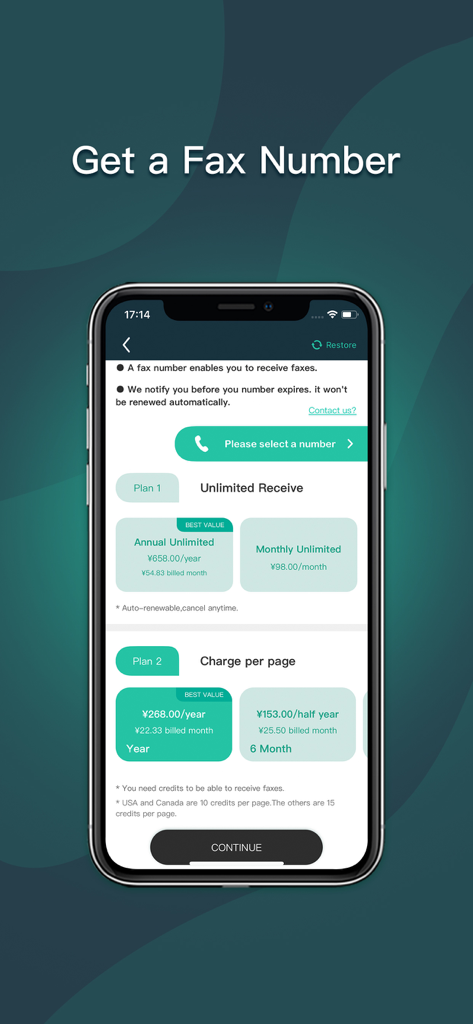 Simple Fax-Send fax from phone - Pantalla de la aplicación Simple Fax que muestra planes de suscripción para un número de fax dedicado.