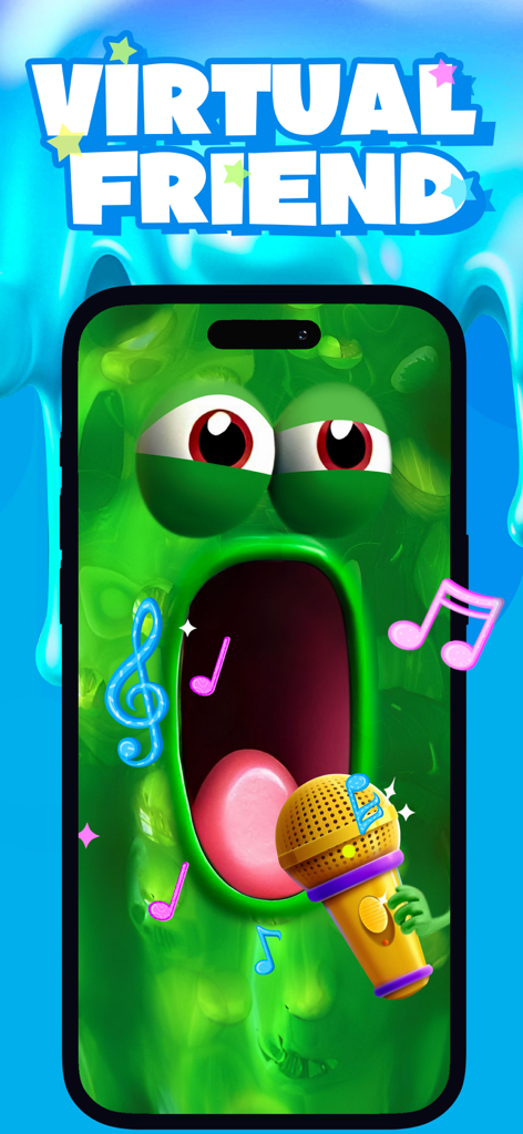 A green virtual slime pet character singing into a golden microphone with colorful musical notes around it.
