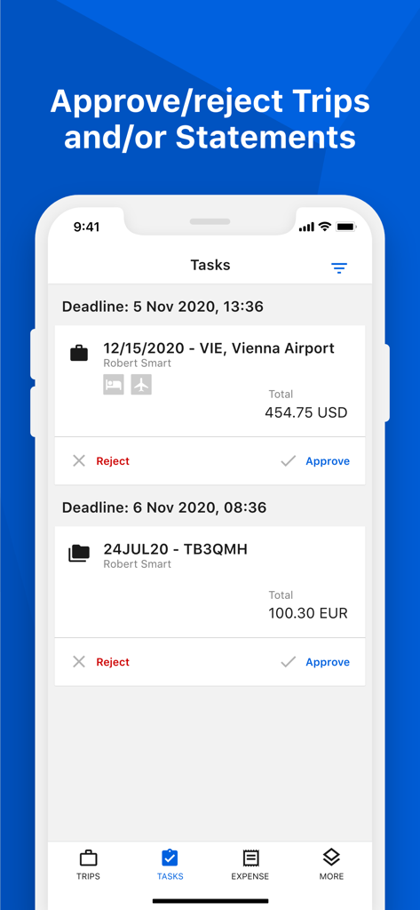 cytric Mobile - Mobile app screen showing travel and expense approval tasks for business managers