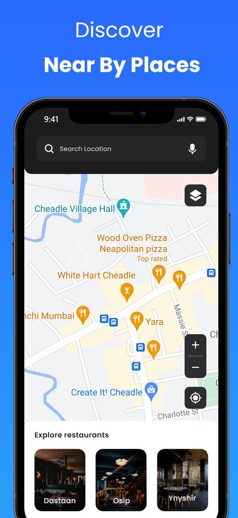 Interface do aplicativo móvel mostrando um mapa ao vivo com pontos de interesse próximos e uma seção para explorar restaurantes locais