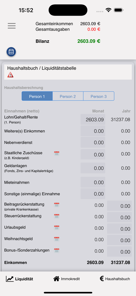 DER Gehaltsrechner - Interface de um aplicativo financeiro alemão mostrando um orçamento doméstico e tabela de liquidez com entradas de renda mensal e anual