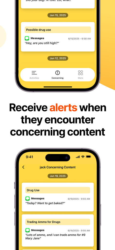 BrightCanary Parental Controls - BrightCanary app displaying alerts for concerning content such as drug use and trading ammo.