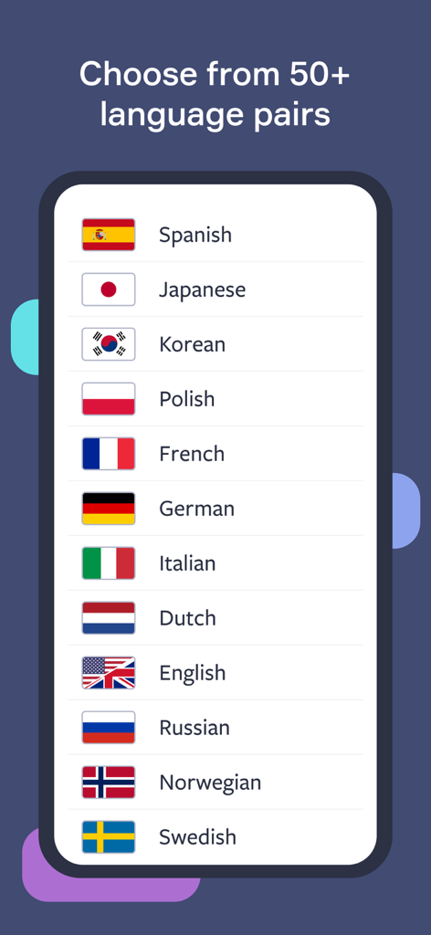 Lingvist: Learn Languages Fast - Screenshot der Lingvist-App, der eine Liste verfügbarer Sprachen zum Erlernen anzeigt, darunter Spanisch, Japanisch und Französisch