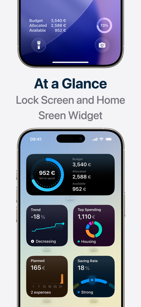 iPhone 잠금 화면 및 홈 화면 - 빠른 재정 인사이트를 위한 Brim 예산 추적기 위젯 표시