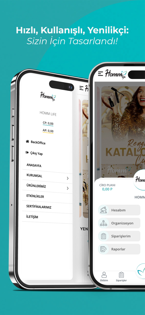 Homm Life mobile app dashboard displaying the main menu and business management options