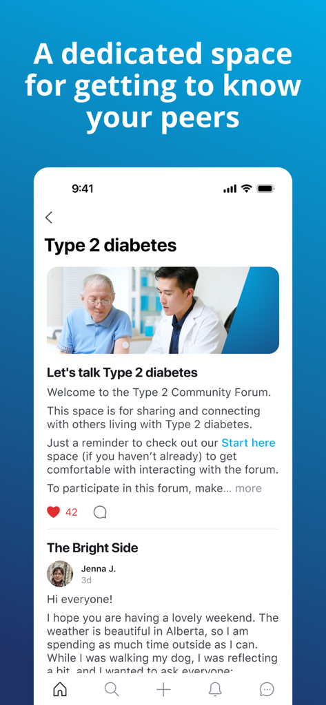 Diabetes Canada Connect app screen showing a peer support forum for Type 2 diabetes where users share personal stories.