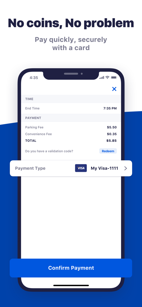 ParkByApp - Écran de paiement mobile de ParkByApp affichant les frais de stationnement et un bouton de confirmation de paiement