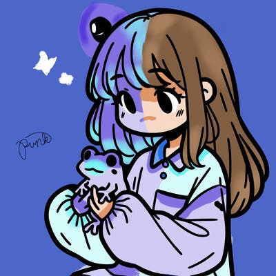 girl with long hair and a oversized shirt. and she is holding a frog