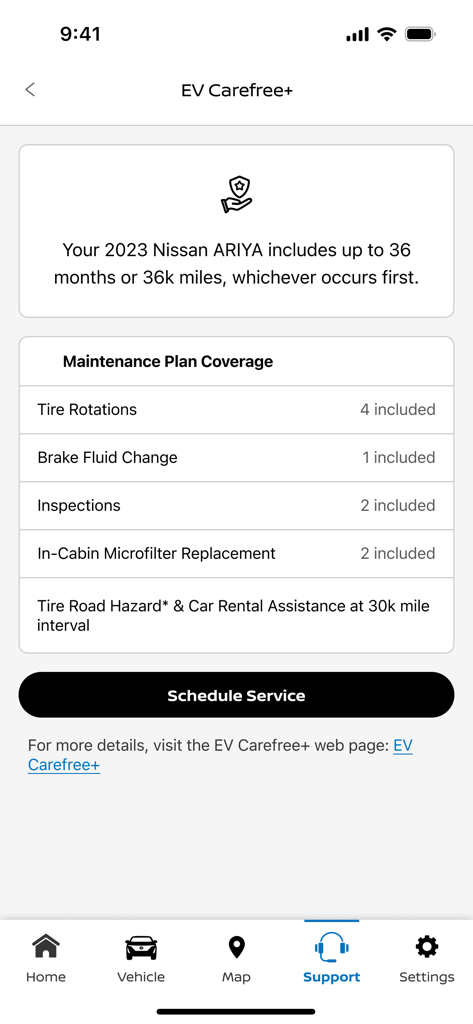 A maintenance plan coverage screen for a Nissan ARIYA in the MyNISSAN app
