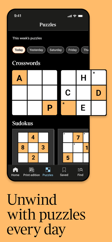 La pantalla de rompecabezas de la aplicación The Times mostrando crucigramas diarios y sudokus para entretenimiento cognitivo