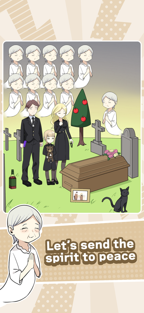 Tricky Mean - Brain puzzle - Una escena de funeral en un juego de rompecabezas cerebral donde una familia está de luto y múltiples fantasmas de una anciana flotan sobre un ataúd.