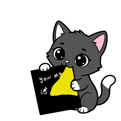 a small cat with a blank sheet of paper in its hand. the cat is sooooooo cute!