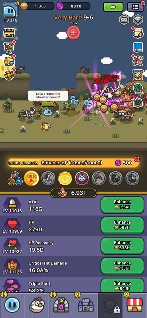 Legend of Slime: Idle RPG - Tela de jogabilidade de Legend of Slime: Idle RPG mostrando uma cena de batalha e um menu de aprimoramento de estatísticas de personagem.