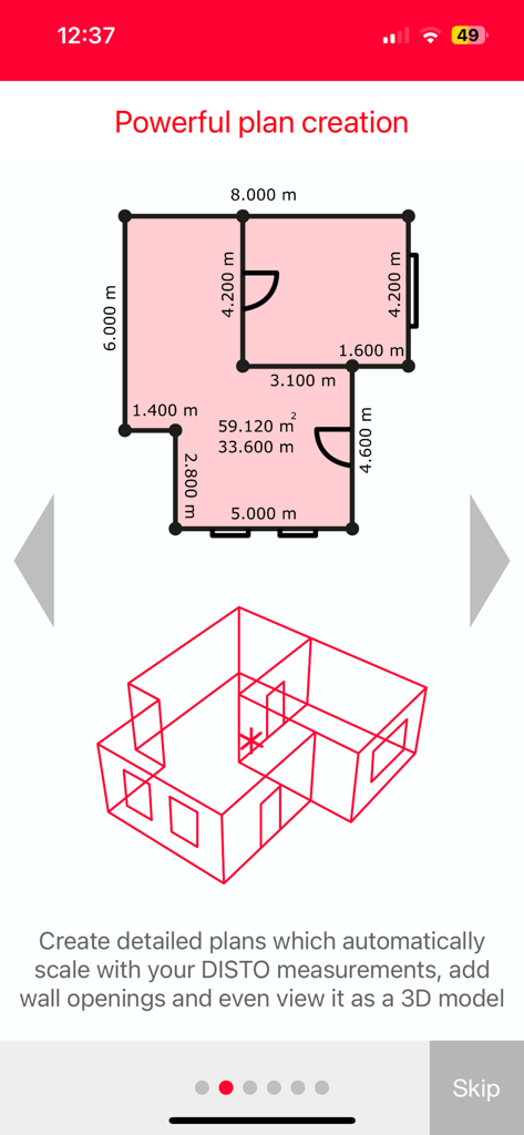 Leica DISTO Plan - Leica DISTO Plan app screen showing a 2D floor plan with measurements and a 3D wireframe model visualization.