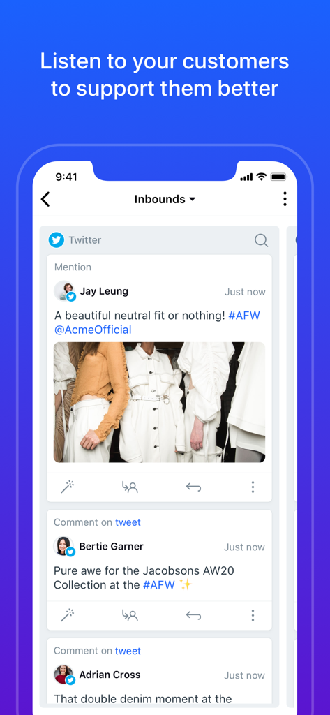 Interface of Sprinklr app showing inbound social media mentions and customer support messages.