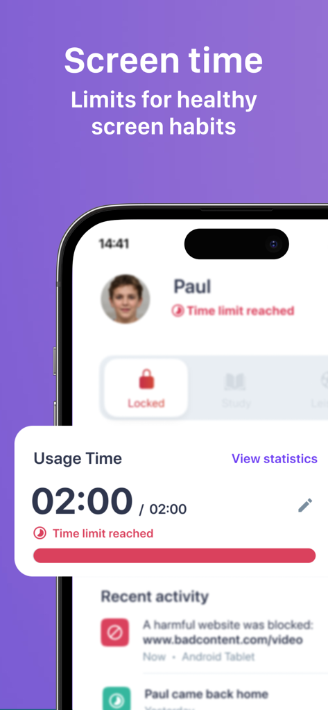 Interface of the Ohana parental control app showing screen time limits reached and blocked website notifications