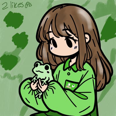 girl with long hair and a oversized shirt. and she is holding a frog