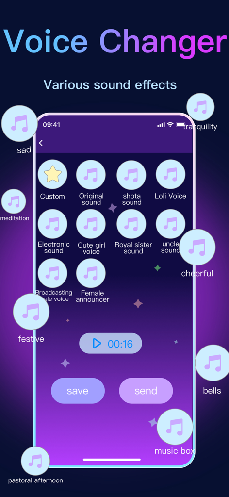 Magic Voice Changer - Effects - Interface of the Magic Voice Changer app showing various voice effects and sound filters like cute girl and electronic sound.