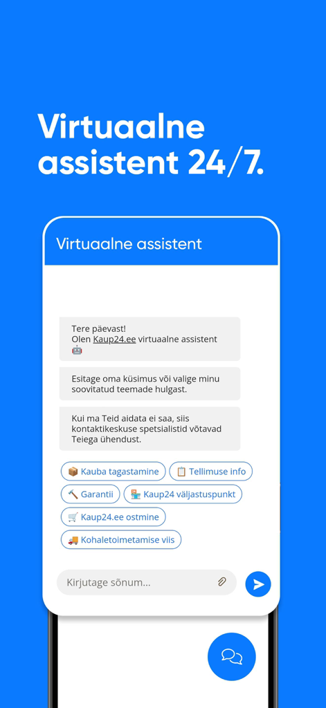 Kaup24.ee Mobiilne e-pood - Kaup24 shopping app 24/7 virtual assistant chat interface