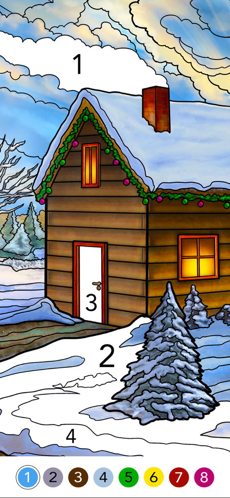 Pagina da colorare a pittura per numero di una baita invernale