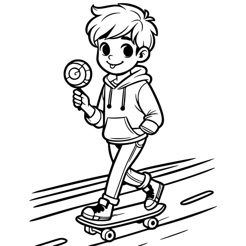 a teenager on a skating on the road with a lollipop