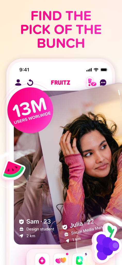 Fruitz dating app interface showing user profiles with fruit icons and a call to action to find the pick of the bunch