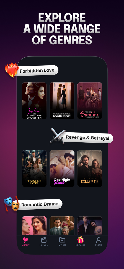 Shorts - Reel Short Drama - Tela do aplicativo móvel mostrando categorias de séries de drama curtas, incluindo Amor Proibido e Vingança.