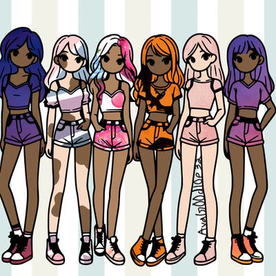 a group of girls wearing crop tops and shorts