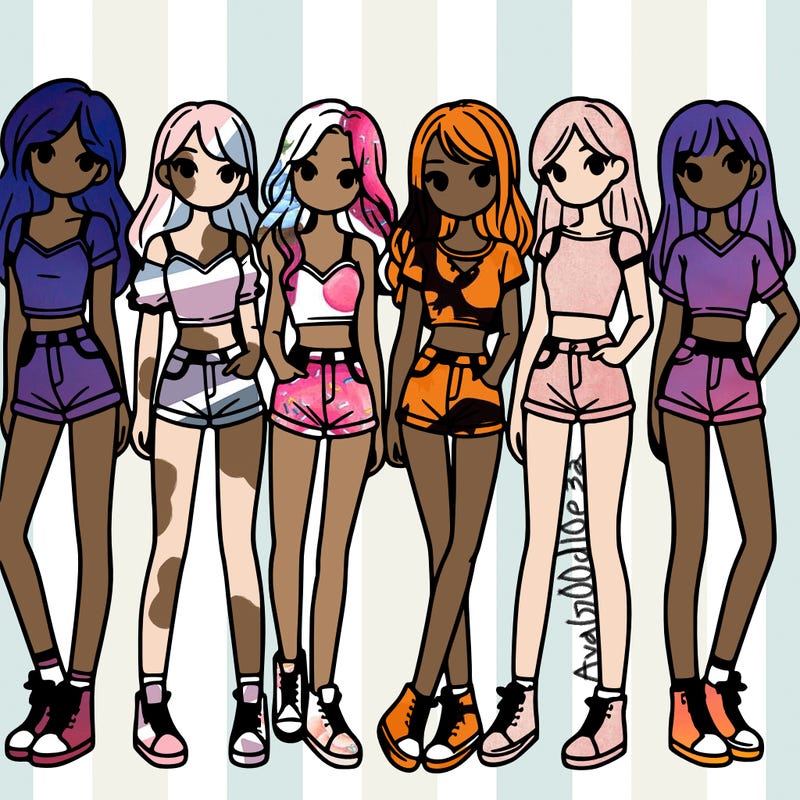 a group of girls wearing crop tops and shorts