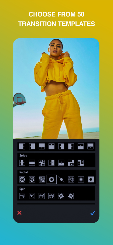 Hilights Video Editor Maker - A screenshot of the Hilights Video Editor app displaying transition template options like radial and spin effects.