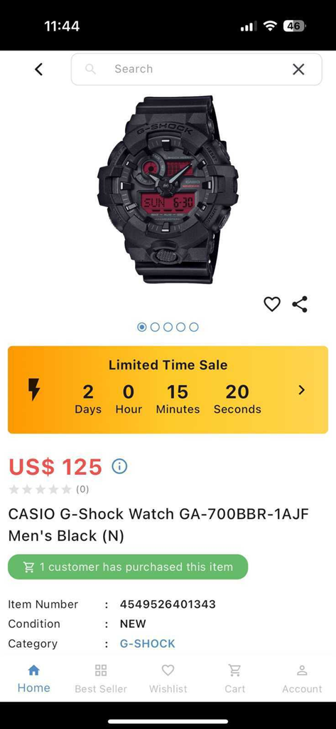 Casio G-Shock watch product page on the Discovery Japan Mall app with a limited time sale countdown