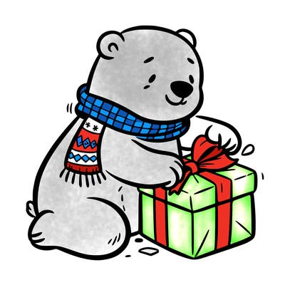 polar bear wrapping a present