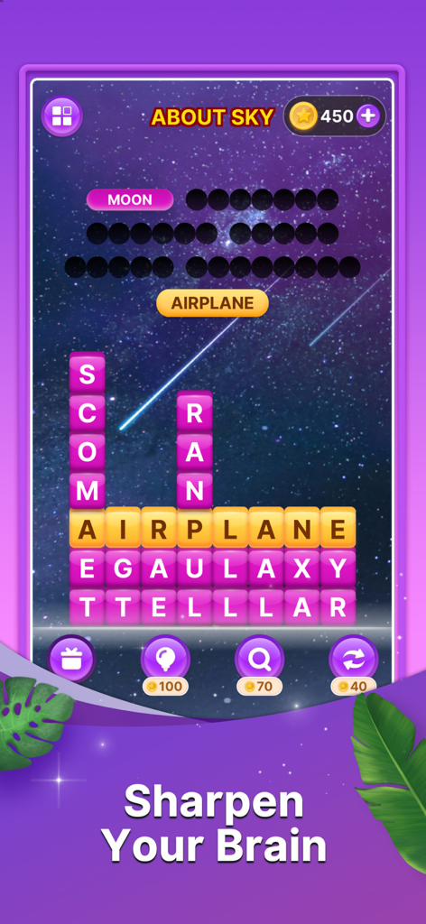Word Search: Word Find Puzzle - Word search game interface featuring sky themed words and brain training motivation.