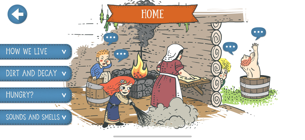 Time Travel Trondheim - Cartoon illustration of a historical home in Trondheim showing people engaged in daily activities like cleaning and cooking