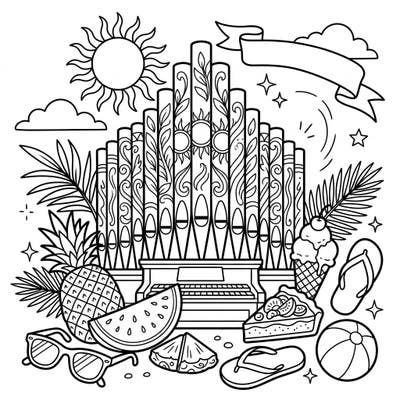 Get ready for a one-of-a-kind coloring adventure featuring grand organ pipes amidst a sunny summer beach party. This unique page combines musical majesty with tropical fun, perfect for creative teens.