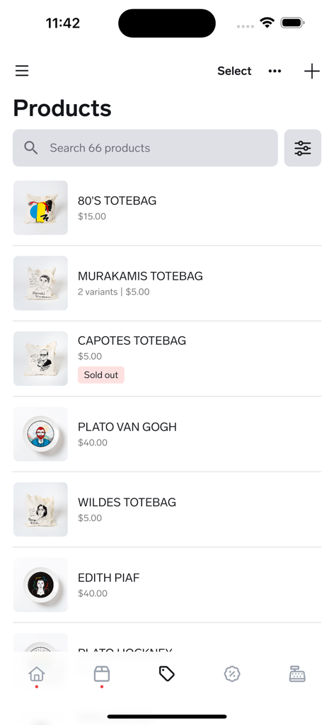 Big Cartelアプリの製品リスト。インディーズストア向けの芸術的なトートバッグやプリントなど