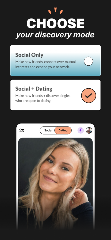 Interface of Upward app showing the selection between Social Only and Social and Dating discovery modes.