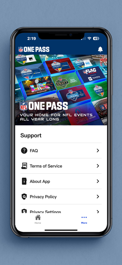 Support menu of the NFL OnePass app featuring FAQ and event information