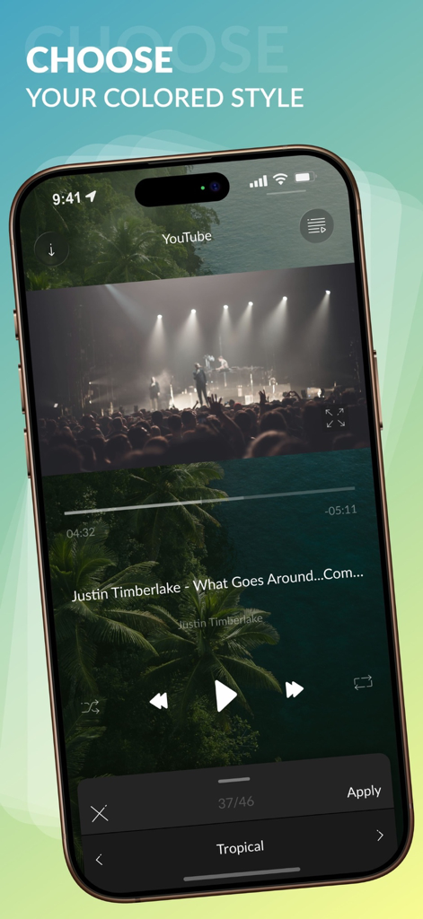 Silence Music - Silence Music app interface showing a tropical background theme selection for the music player