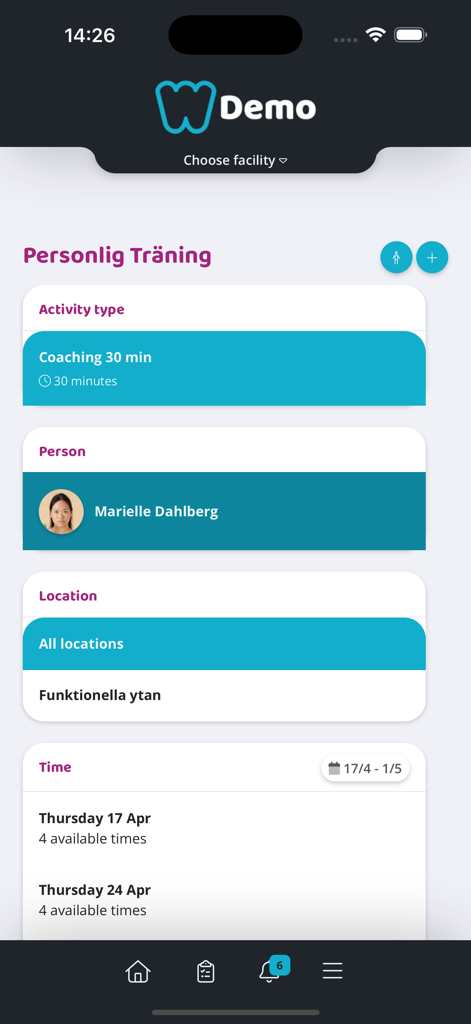 Wondr booking app - Wondr app screen showing options to book a personal training coaching session