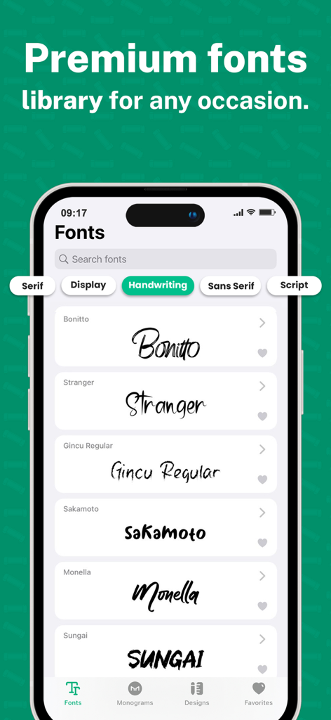 Una selezione di font di scrittura a mano premium visualizzati all'interno dell'interfaccia dell'app Caratteri e Design per Fai-da-te.