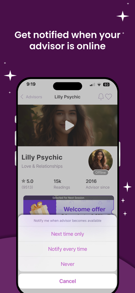 Zodiac Psychics: Tarot Reading - Zodiac Psychics app screen showing notification options to get alerted when a psychic advisor is online