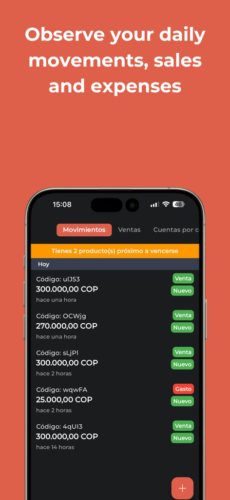 Un smartphone mostrando el rastreo de ventas y gastos diarios en My Business Control