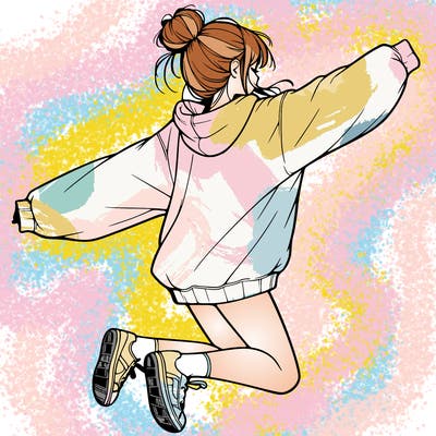 realistic girl jumping with a bun and oversized sweatshirt