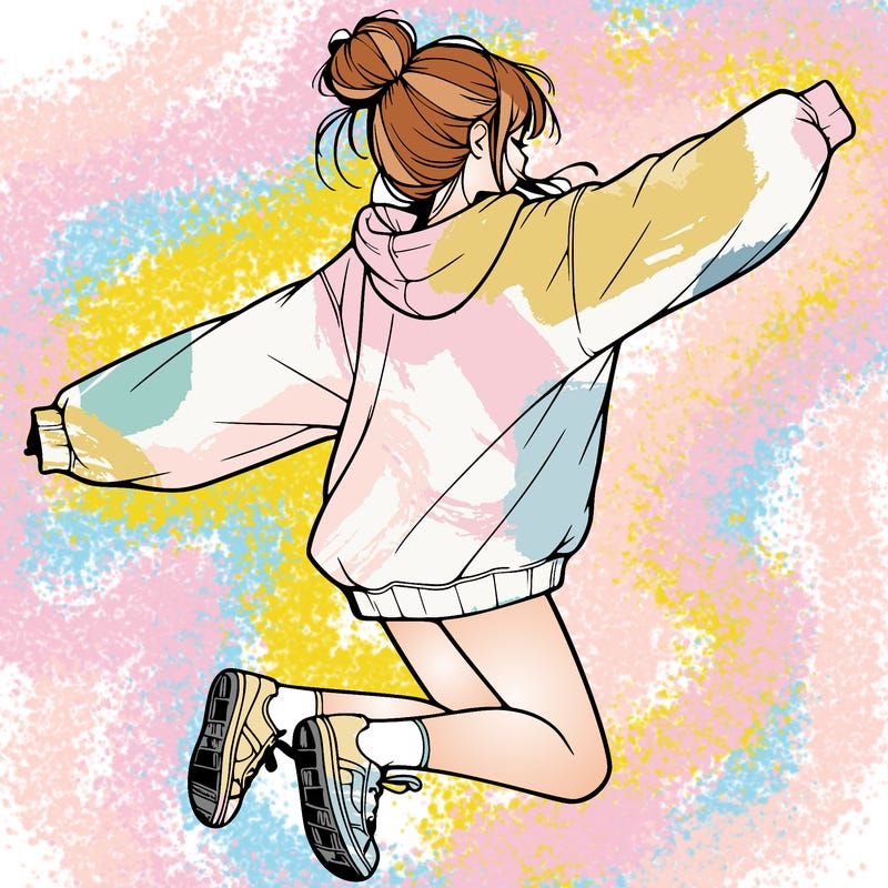 realistic girl jumping with a bun and oversized sweatshirt